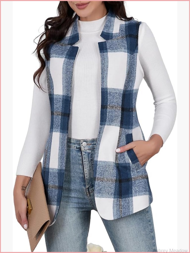 Open Front Plaid Vest Sleeveless Blazer Jacket Casual Outerwear